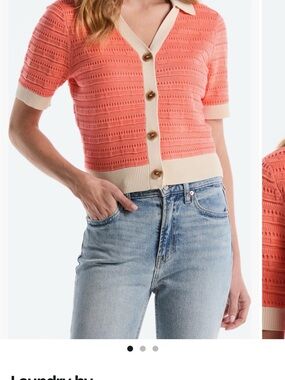 Laundry By Shelli Segal Coral Knit Short-Sleeve Cardigan with Cream Trim